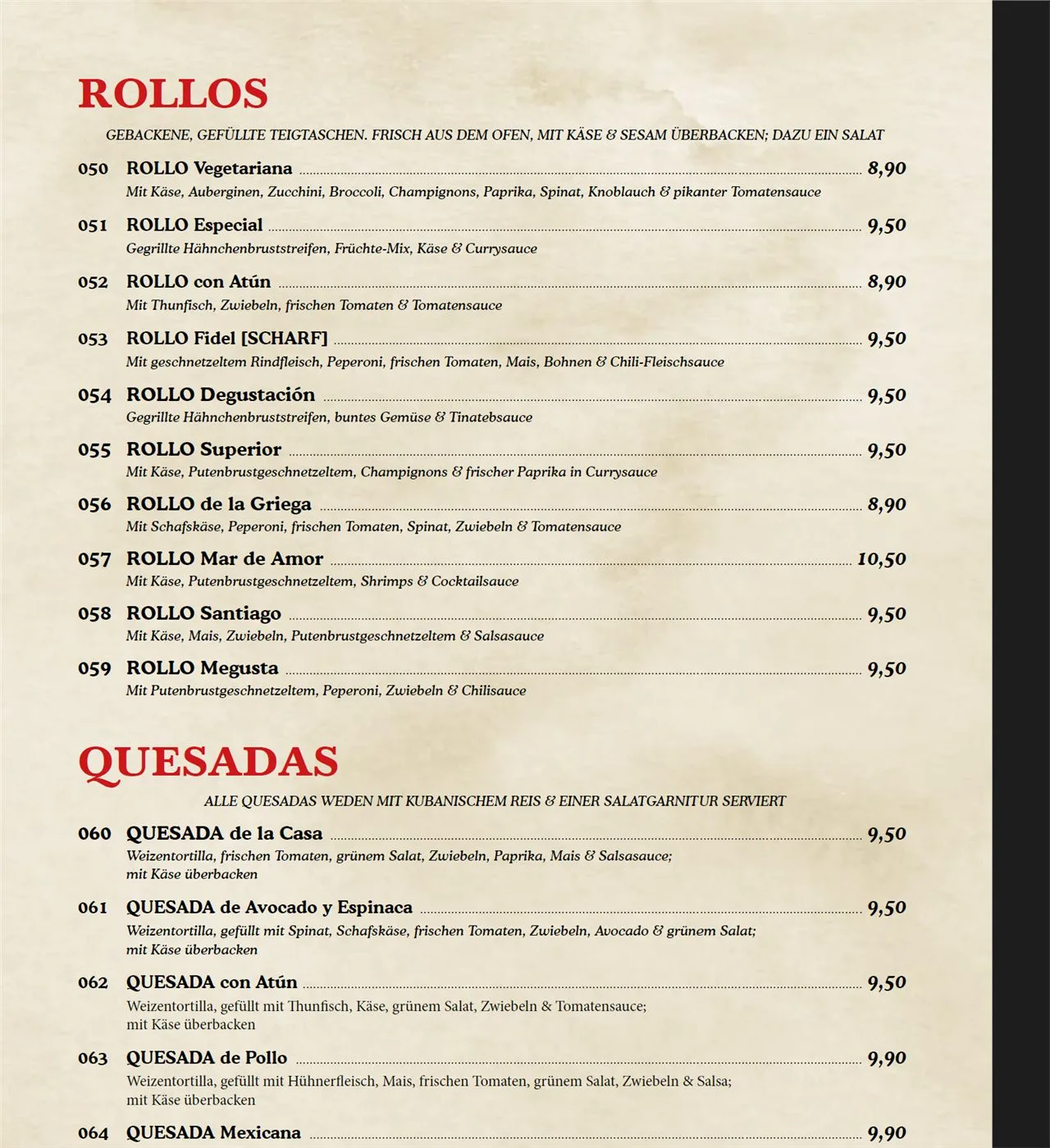 Sección de bebidas del menú Havana